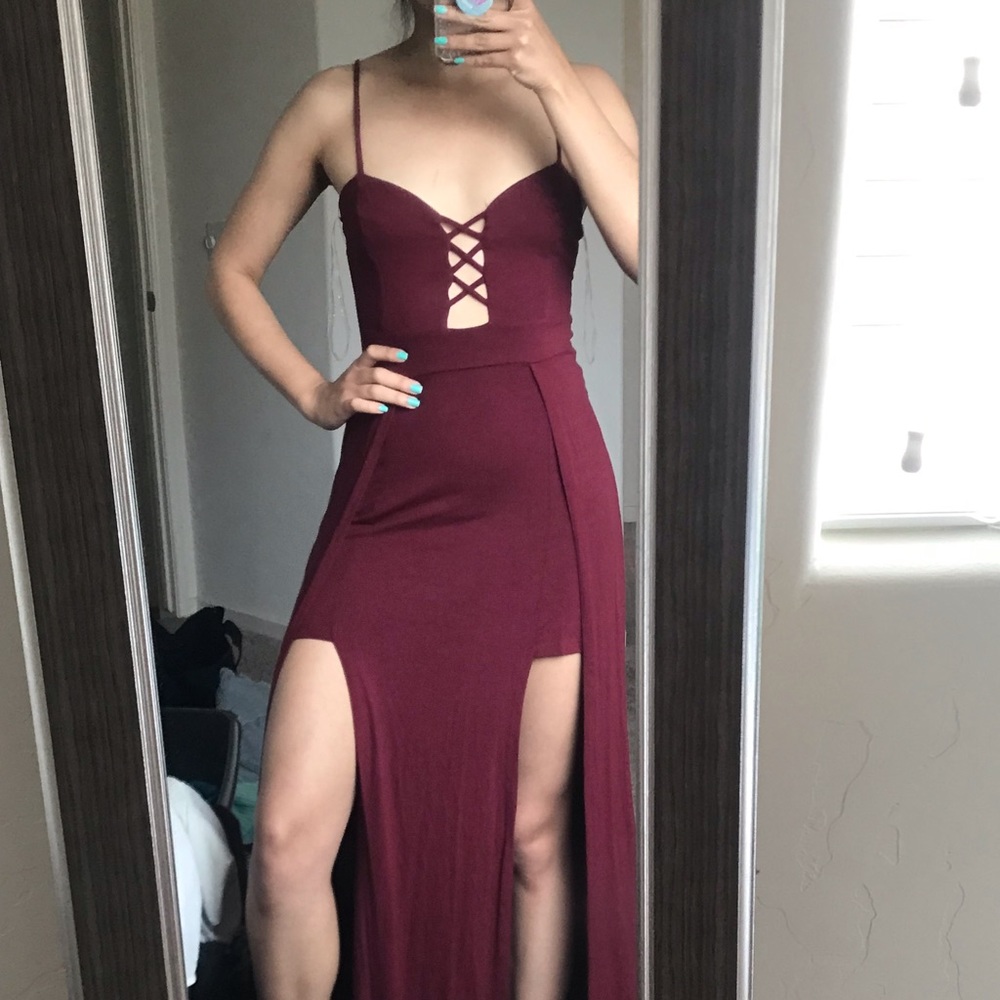 Burgundy Open Slit Maxi Dress